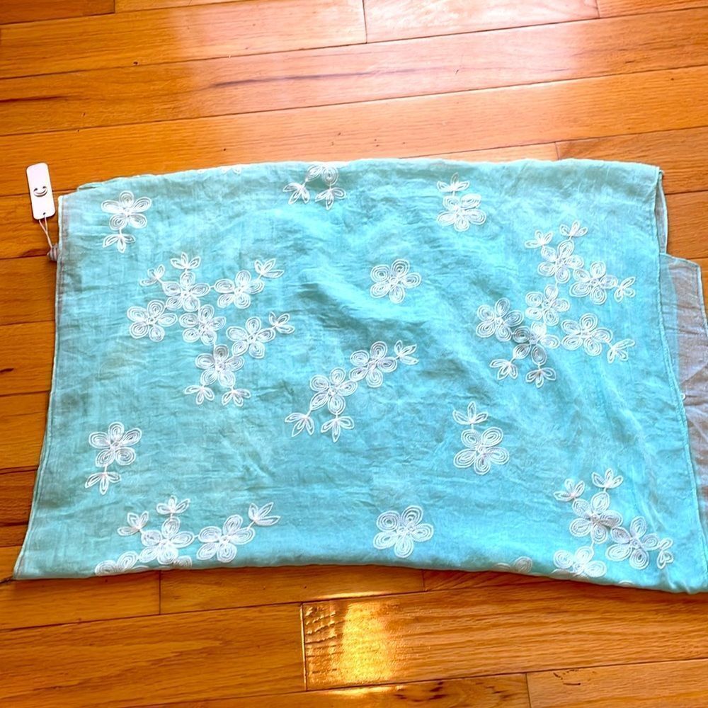 NWT Scarf mint seafoam color white embroidery
